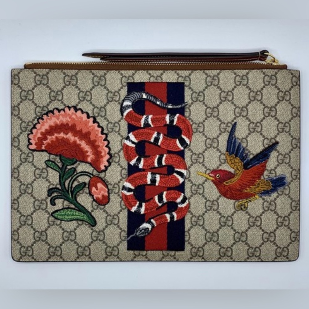 Gucci Monogram Snake Patch Brown Clutch - image 1